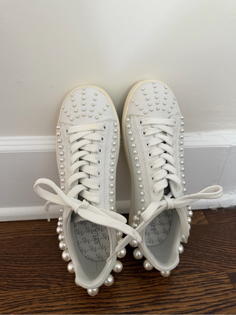 Stuart Weitzman White Pearl-Embellished Lace-Up Sneakers